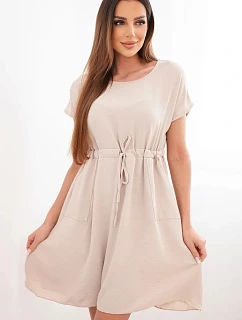 Dámské šaty s krátkým rukávem a páskem v pase béžová