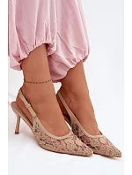 Dámské sandály na podpatku s krajkou tmavě béžové Pelivelle