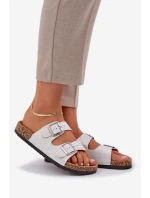 Materiálové pantofle na korkové podrážce s přezkami světle šedé Atera