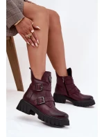 Dámské kožené kotníkové boty s přezkami a ozdobným detailem Zazoo – bordó