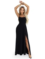 589-5 Maxi šaty bez ramínek s korzetovým zavazováním na zádech a rozparkem - černé 589-5 Maxi šaty bez ramínek s korzetovým zavazováním na zádech a rozparkem - černé