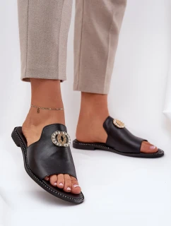 Elegantní Dámské Kožené Pantofle S Dekorací Zazoo 3008 Černé