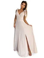405-6 ELENA Dlouhé šaty s výstřihem a zavazováním na ramenou - béžové s brokátem