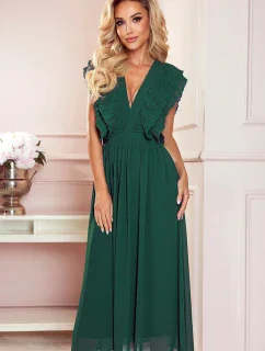 367-1 YANA MIDI šaty s plisovanými volánky a výstřihem - BOTTLE GREEN