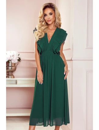 367-1 YANA MIDI šaty s plisovanými volánky a výstřihem - BOTTLE GREEN 367-1 YANA MIDI šaty s plisovanými volánky a výstřihem - BOTTLE GREEN