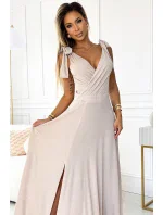 405-6 ELENA Dlouhé šaty s výstřihem a zavazováním na ramenou - béžové s brokátem