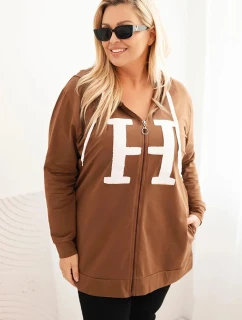 Dámská mikina Plus Size bavlněná s kapucí a velkým písmenem H camelová