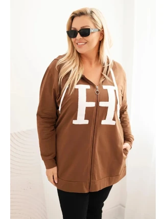 Dámská mikina Plus Size bavlněná s kapucí a velkým písmenem H camelová