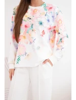 Dámský máslový viskózový komplet s květinovým vzorem a širokými nohavicemi bílý