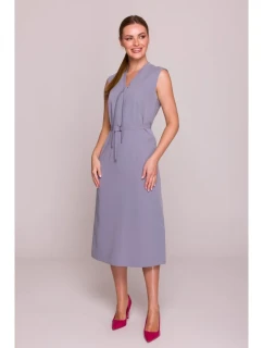 S410 Šaty áčkového střihu s vázáním a výstřihem do V - holubičí šeď