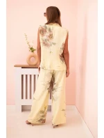 Dámský komplet z viskózy, vestu a kalhoty květinové žlutý