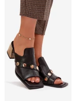 Kožené sandály na podpatku s ozdobnou páskou D&A CR61-3063 Černé