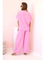 Dámský komplet z viskózy s ozdobným květem a širokými kalhotami světle růžová