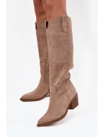 Dámské kozačky cowboy na podpatku z eko semiše béžové Esmira