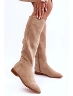 Kůže Kozačky S Plochou Podpatek Bežové Eelin Kůže Kozačky S Plochou Podpatek Bežové Eelin