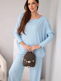 Dámský viskózový komplet s volnou blůzou a kalhotami modrý