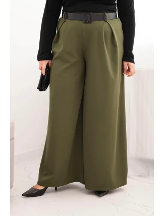 Dámské kalhoty Plus Size s širokou nohavicí a páskem khaki