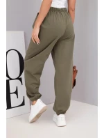 Dámské bavlněné kalhoty s vysokým pasem a ozdobným knoflíkem khaki
