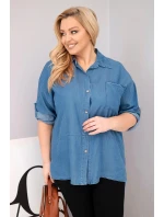 Dámská košile Plus Size z lyocellu s prodlouženým zadním dílem a rukávem na knoflík džínová