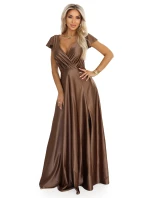 411-14 CRYSTAL saténové dlouhé šaty s výstřihem - moka pěna 411-14 CRYSTAL saténové dlouhé šaty s výstřihem - moka pěna