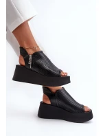 Zazoo 1792 Kožené Vyšívané Sandály Na Klinu Černé