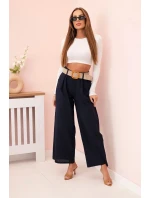 Dámské lněné kalhoty se širokými nohavicemi a páskem námořnická modř
