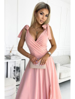 ELENA - Dlouhé dámské šaty ve špinavě růžové barvě s výstřihem a zavazováním na ramenou 405-3