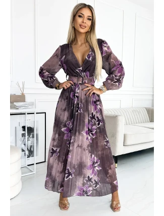 520-1 Plisované šifonové dlouhé šaty s výstřihem, dlouhými rukávy a širokým páskem - fialové velké květy