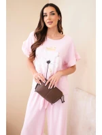 Dámský viskózový komplet s halenkou s potiskem a kalhotami cukrově růžová