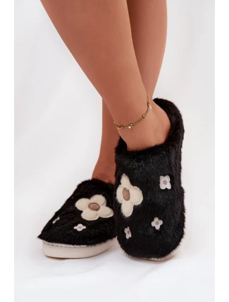 Dámské papuče s kožíškem a květinkami – černé Selinne