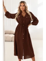 651-1 Šaty midi s knoflíky a páskem - čokoládové