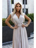 509-2 Elegantní dlouhé šaty s několika vazbami - béžové se třpytkami