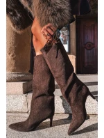 Dámské kozačky z eko semiše nazouvací na podpatku čokoládové Phelin