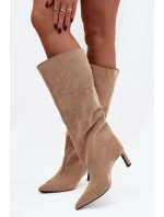 Dámské kozačky z eko semiše na jehlovém podpatku Phelin – béžové