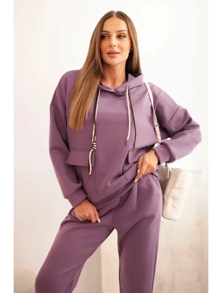 Komplet dámský máslový mikina s kapucí a kalhoty s páskem fialový