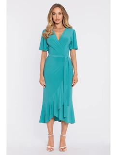 M912 Zavinovací midi šaty s volánem a řasením - tyrkysové