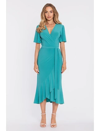M912 Zavinovací midi šaty s volánem a řasením - tyrkysové