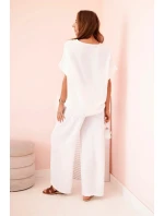 Dámský komplet z viskózy s ozdobným květem a širokými kalhotami - fuchsie bílý