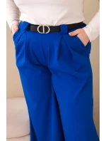 Dámské kalhoty Plus Size viskózové s širokými nohavicemi a páskem chabrové