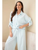Dámský bavlněný komplet s vázanou košilí a širokými nohavicemi světle mátový