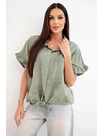 Dámská bavlněná košile vázaná s květinovou výšivkou khaki