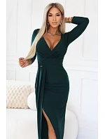 404-15 Elegantní dlouhé šaty s obálkovým výstřihem a rozparkem - lahvově zelené