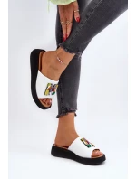 Dámské kožené pantofle na platformě s ozdobou Béžové Monroe