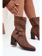 Dámské boty zateplené na podpatku s pásky a ozdobným detailem hnědé Neria