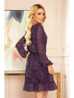 BAKARI - vzdušné šifonové dámské šaty s dekoltem a se vzorem růžovo-světle modrých mandal 295-4