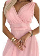 541-2 CELESTINA Elegantní tylové šaty s výstřihem a mašlí - BRUCE PINK 541-2 CELESTINA Elegantní tylové šaty s výstřihem a mašlí - BRUCE PINK