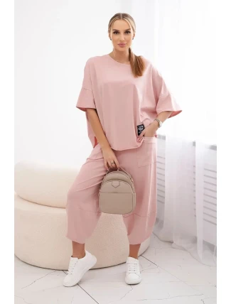 Bavlněný komplet halenka + kalhoty tmavě pudrově růžová