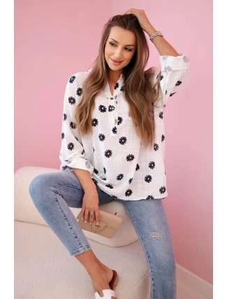 Lněná dámská halenka s květinovým vzorem, dlouhými rukávy a knoflíky Bílá