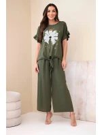 Dámský viskózový komplet s halenkou s potiskem a kalhotami khaki