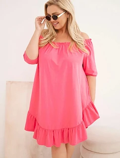 Dámské plus size bavlněné šaty s volánem růžová